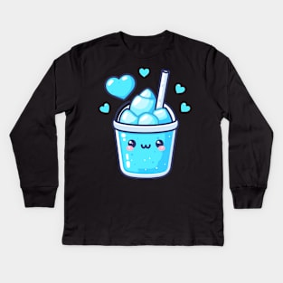 Cute Kawaii Blue Lagoon Cocktail Drink with Ice and Hearts | Cute Kawaii Design Kids Long Sleeve T-Shirt